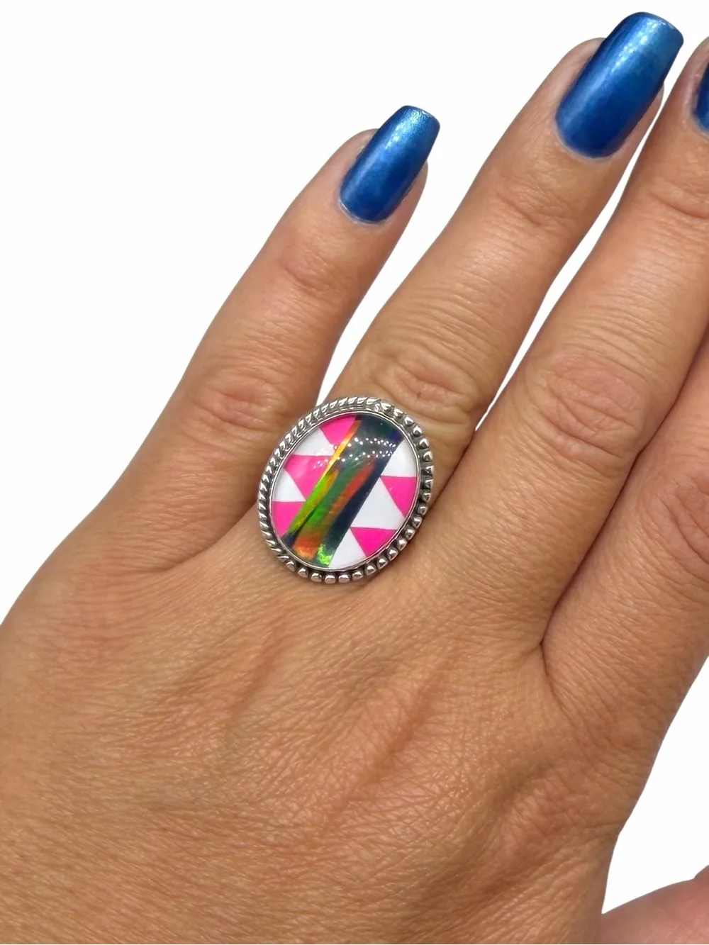 Aurora Fire Opal Stripe Ring Size 7.5 Solid 925 Sterling Silver Hot Pink White